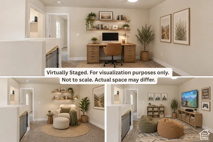 Marketing Material, Property Interior. Depicting a virtually staged room with multiple configurations for the property