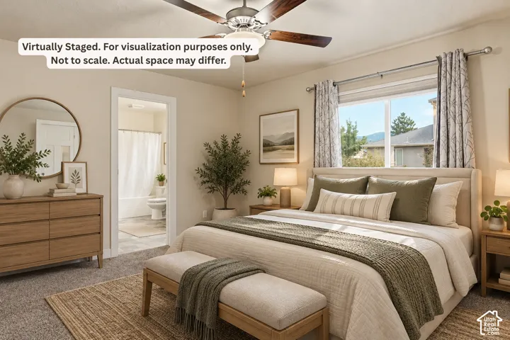 Carpeting throughout, ceiling fan with integrated lighting, window with drapes, and an open doorway to a bathroom with a shower-tub combination