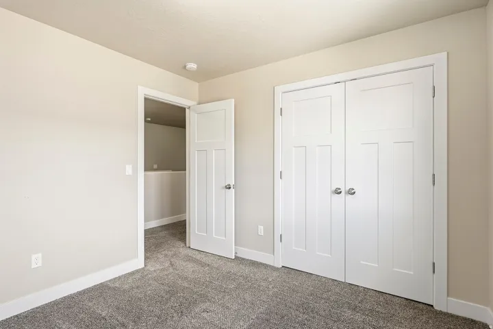Gray textured carpeting with white trim, two white panel doors with brushed nickel hardware, and an additional white panel door