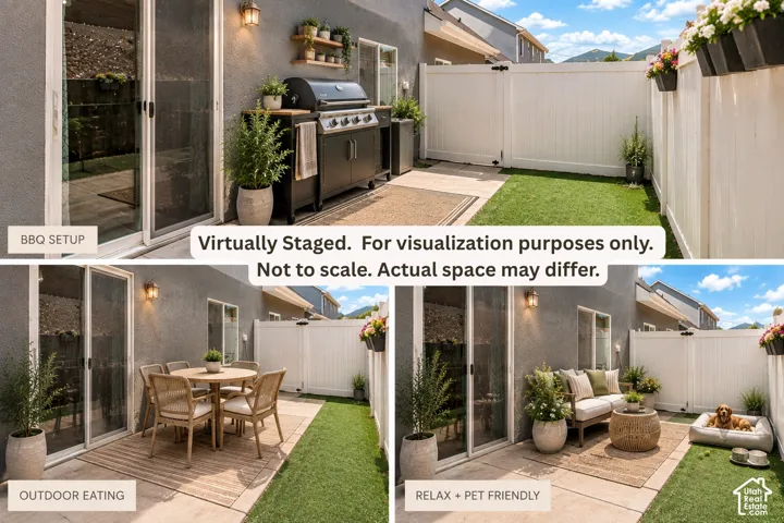 Marketing Visual. Depicting a virtually staged outdoor area with various functional setups for the property