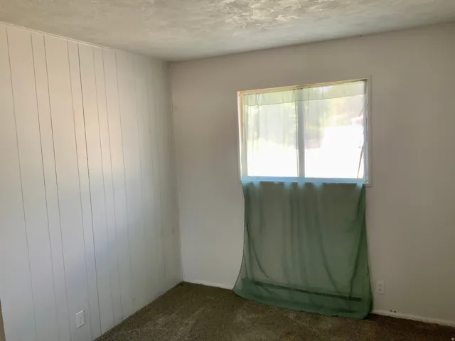 Vertical paneling accent wall, single window, and textured ceiling