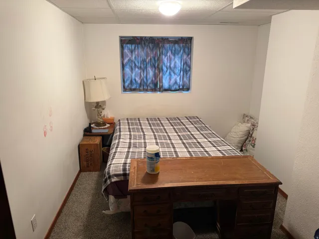 Carpeted flooring, white walls, and a drop ceiling with recessed lighting