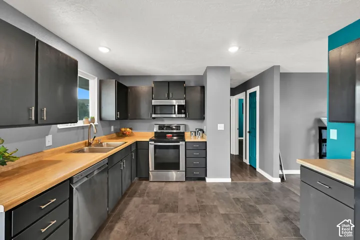 Kitchen featuring dark cabinetry, wood-finish countertops, stainless steel appliances, and recessed lighting