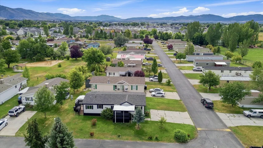 Residential street with established homes, green lawns, and mature trees, set against a backdrop of distant mountains