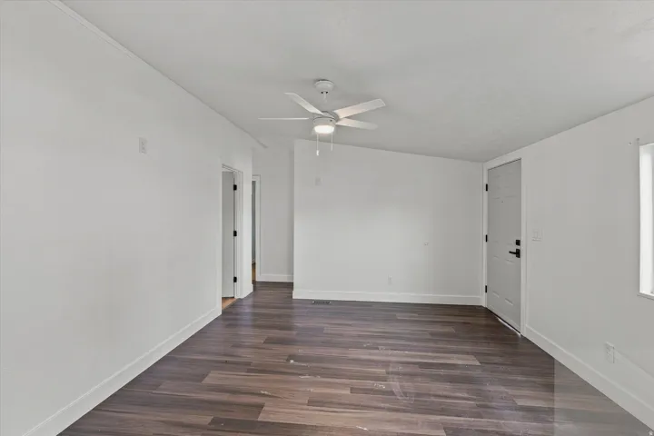 Wood-finish flooring with white trim