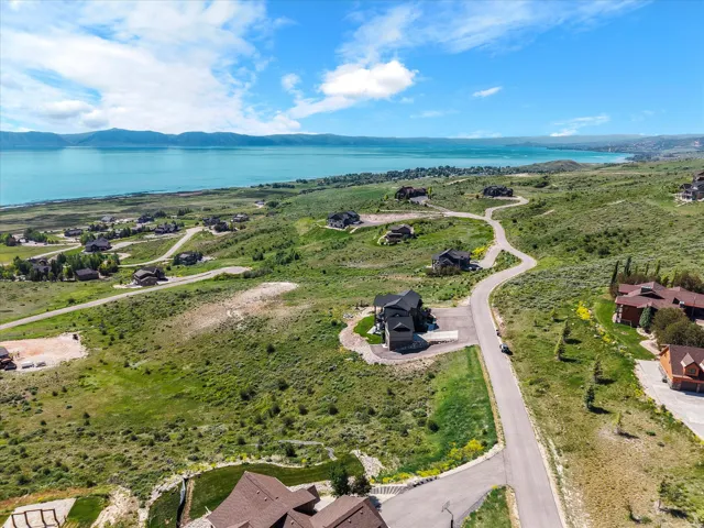 Expansive residential landscape with paved roads, verdant hillsides, and distant lake