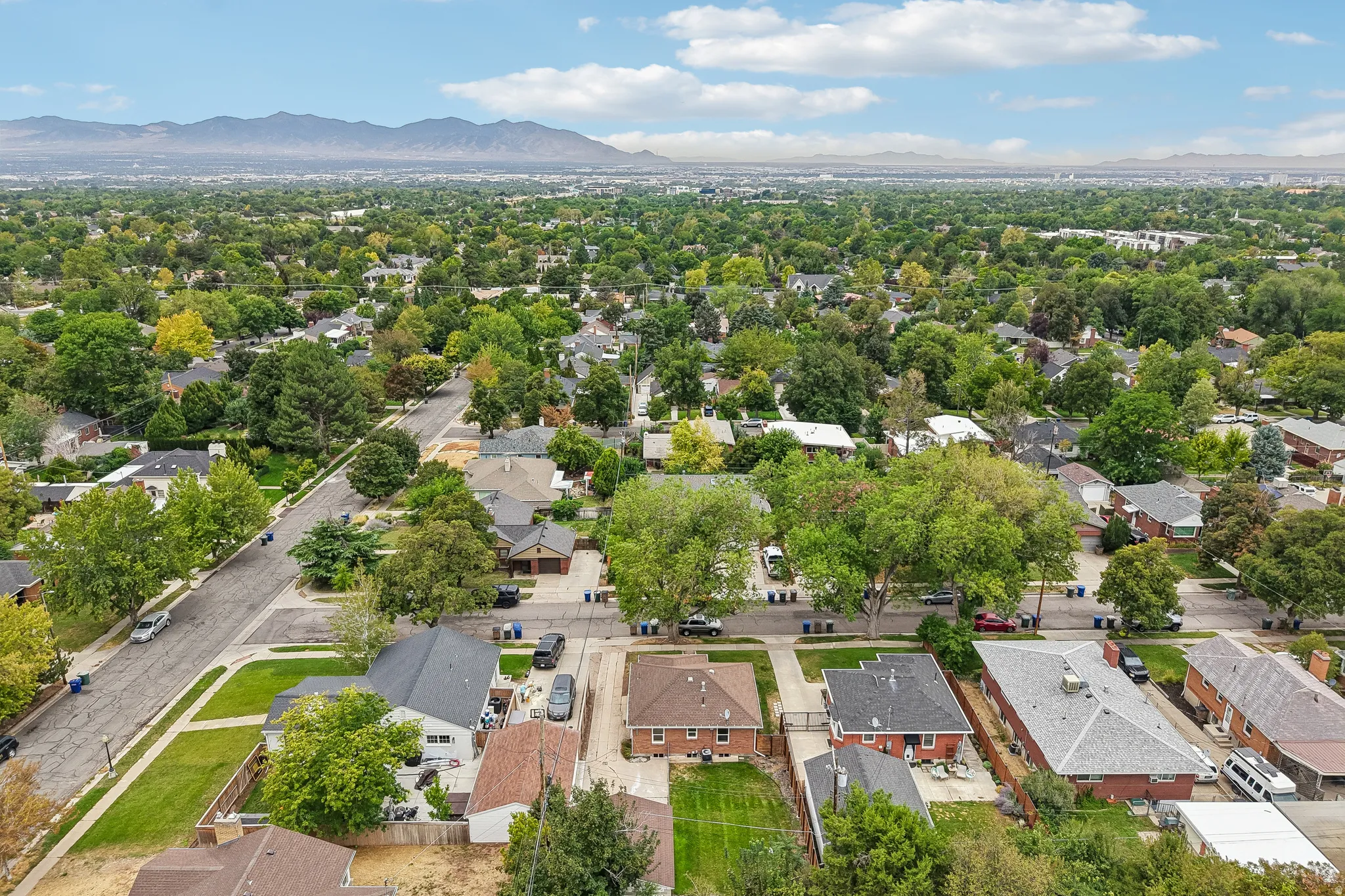 Tree-lined residential streets with diverse architectural styles, mature landscaping, and mountain scenery in the distance
