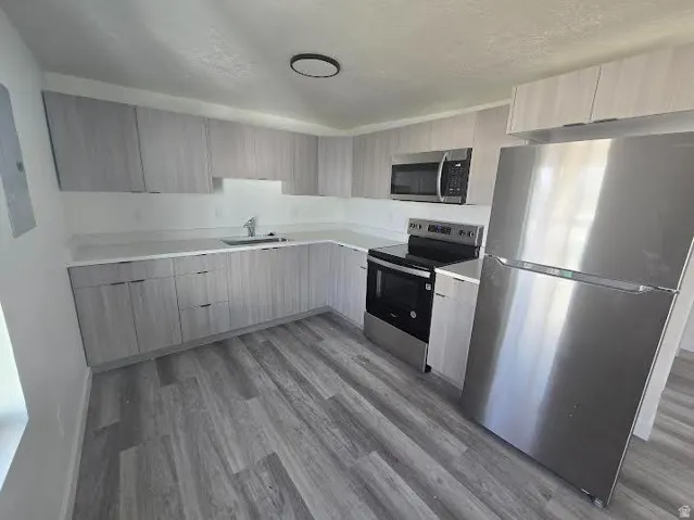 Kitchen featuring wood-finish cabinetry, light-toned countertops, stainless steel appliances, a stainless steel sink, and wood-finish flooring