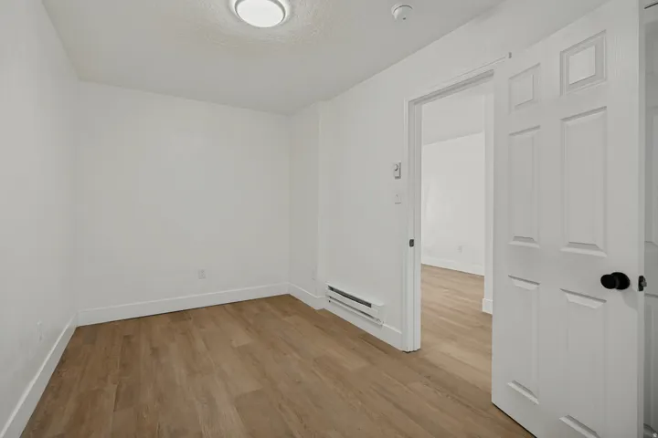 Wood-finish flooring with white baseboards, white walls, and a ceiling-mounted light fixture