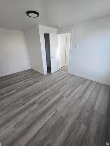 Light gray wood-finish flooring, white walls, and a modern ceiling light fixture