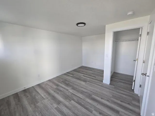 Wood-finish flooring, recessed lighting, and a built-in closet with shelving