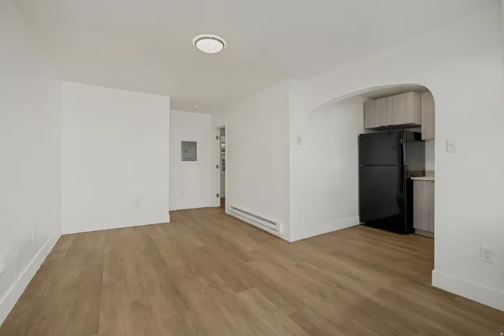 Wood-finish flooring, white walls, and a contemporary ceiling fixture