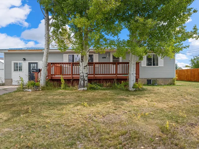 Light-colored siding exterior, metal roof, dark wood-tone deck with railing, and mature deciduous trees