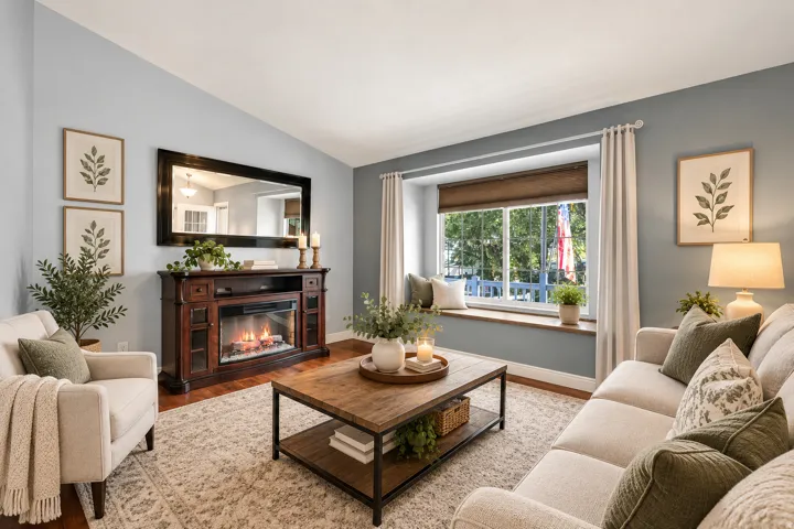 Wood-finish flooring with an area rug, built-in fireplace, and a large window with a built-in window seat