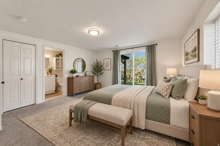 Neutral tone carpeting with a sliding glass door