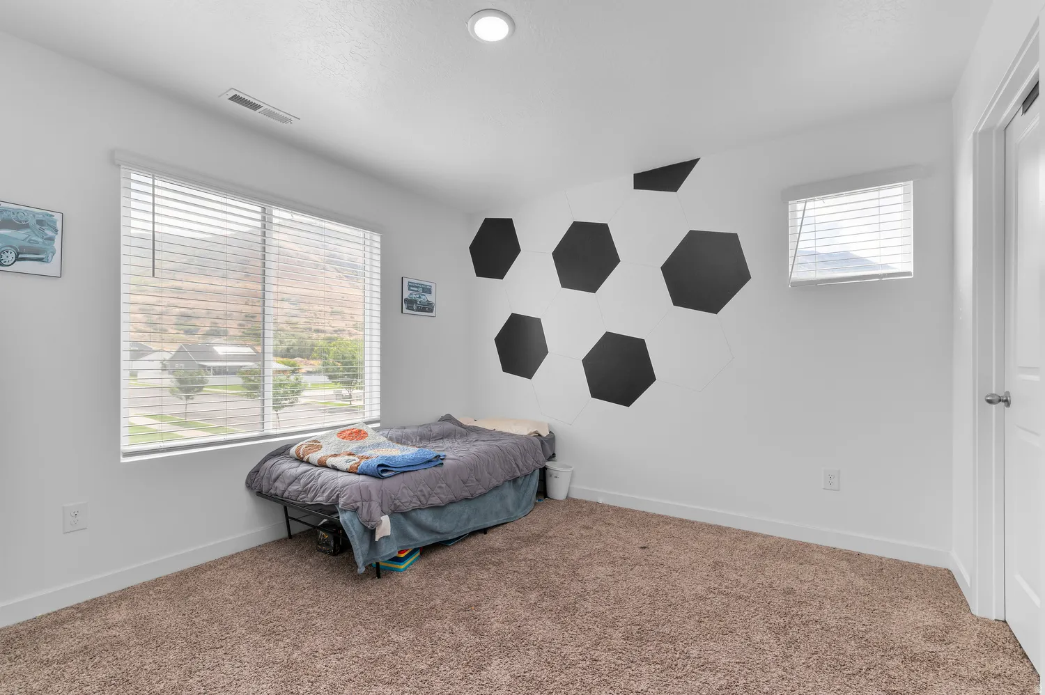 Recessed ceiling lighting, durable carpeting, painted walls, and white trim
