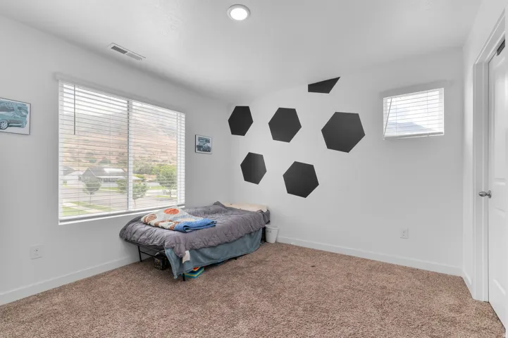 Recessed ceiling lighting, durable carpeting, painted walls, and white trim