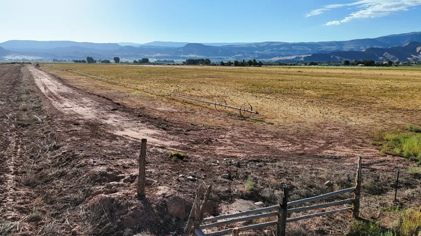 Expansive agricultural land featuring a dirt road and distant mountain range