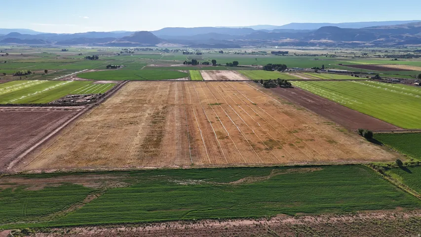 Expansive agricultural land featuring diverse fields, distant mountains, and visible irrigation systems