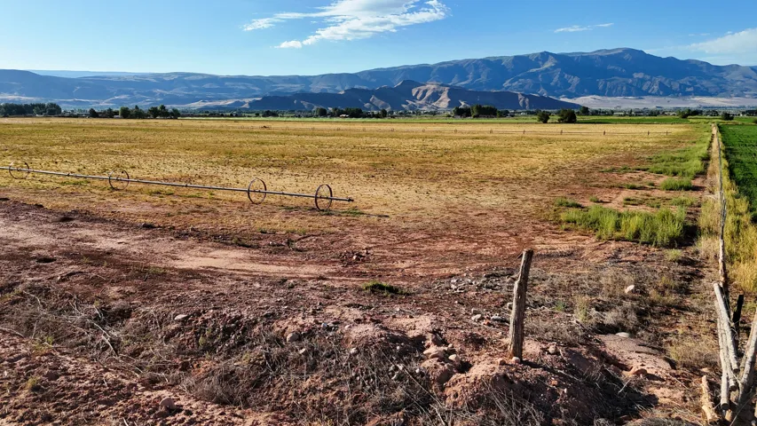 Expansive agricultural land featuring a center pivot irrigation system and natural fencing