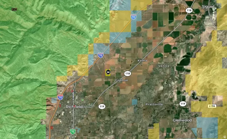 Geographic Information System (GIS) Map. Displaying an aerial view of a region with labeled towns, roads, and land classifications