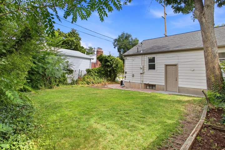 Expansive backyard with a lush green lawn, mature trees, and a building exterior with siding