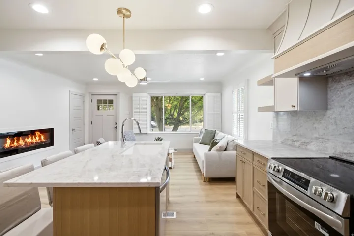 Spacious living area featuring a modern linear fireplace, large center island with integrated sink, wood-finish flooring, and shaker-style cabinetry with stainless steel appliances