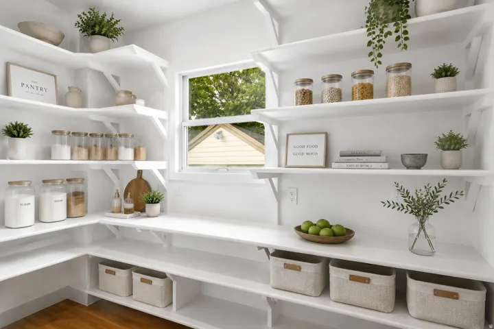 Expansive pantry featuring extensive white shelving, a natural light window, and wood-finish flooring