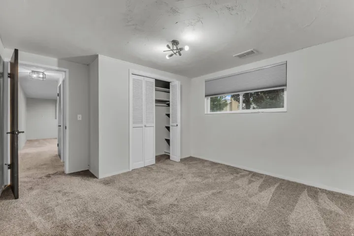 Plush carpet flooring, louvered closet doors, built-in closet shelving, and a modern ceiling light fixture