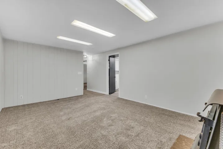 Carpeted flooring, smooth painted walls, paneled accent wall, and ceiling-mounted fluorescent lighting