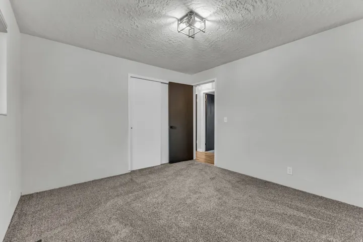 Neutral wall tones complemented by textured carpeting, a flush-mount ceiling light fixture, and a built-in closet with sliding doors