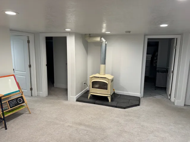 Wood-burning stove with a slate hearth, light gray carpeting, recessed ceiling lighting, and white paneled interior doors