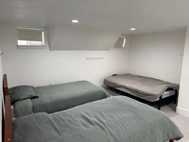 Recessed lighting, wall-mounted coat rack, and two windows with roller shades