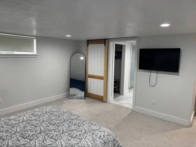 Recessed ceiling lighting, light-toned carpet flooring, horizontal window with roller shade, wood-finish barn door, and a tiled floor entry