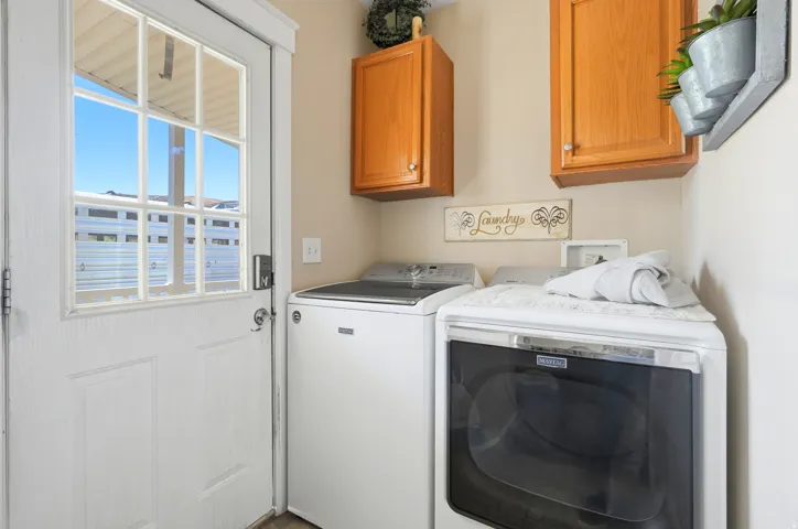 Laundry area with a full-light panel door, wood-finish cabinetry, and neutral wall paint