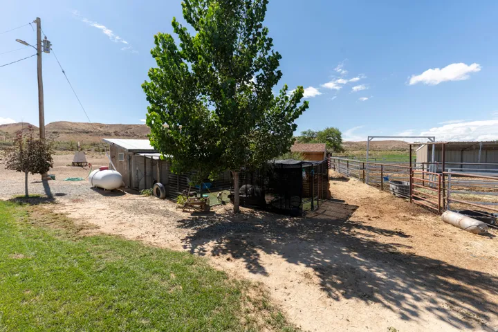 Fenced outdoor area with multiple structures, a mature tree, and a propane tank