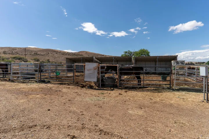 Metal fencing with multiple enclosed areas, shaded structures, and a natural terrain backdrop
