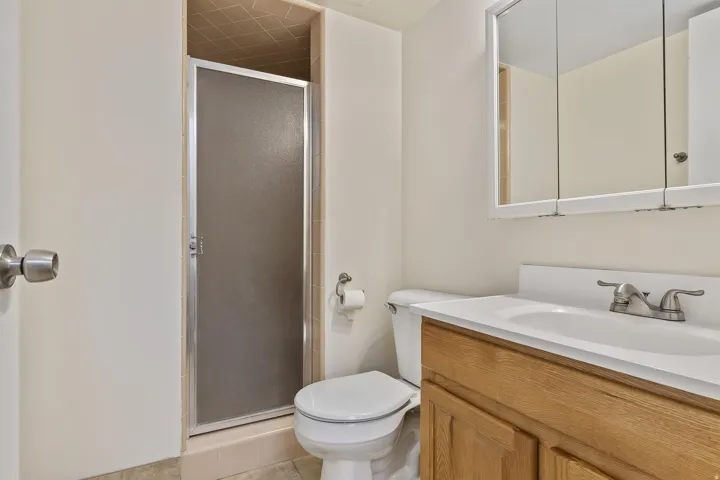 Built-in wooden vanity with an integrated sink, brushed nickel faucet, and a wall-mounted medicine cabinet
