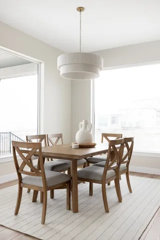 Recessed lighting, large windows, wood-finish flooring, and a tiered drum pendant light