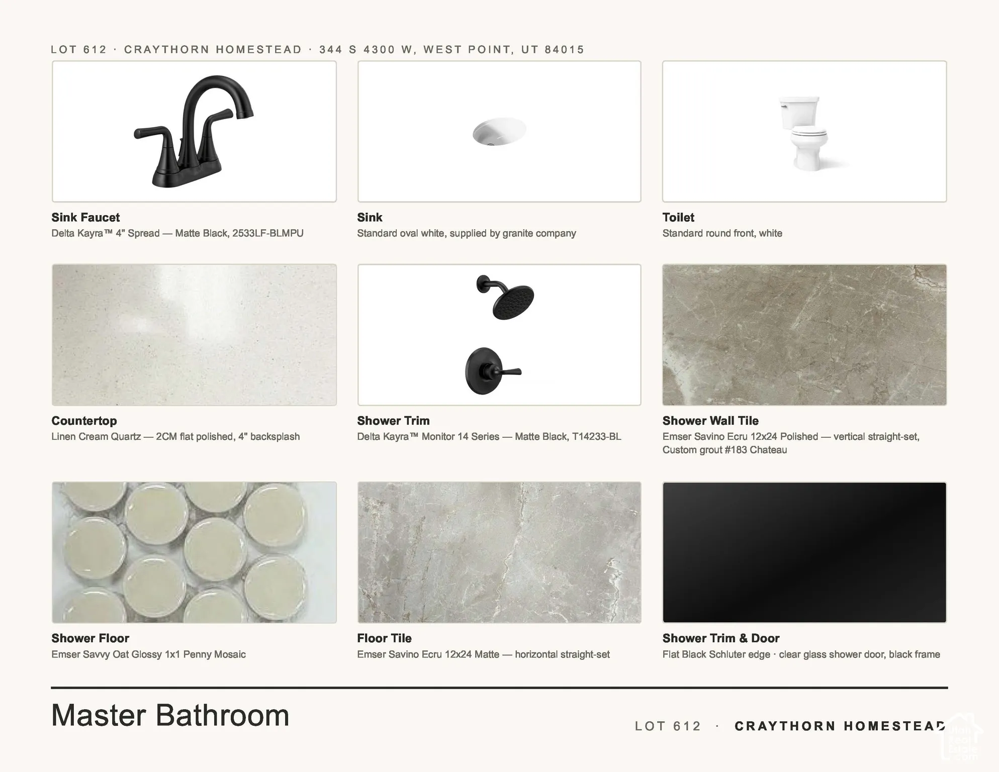 Specification Sheet, Master Bathroom Section. Outlining material and fixture selections for the property's master bathroom