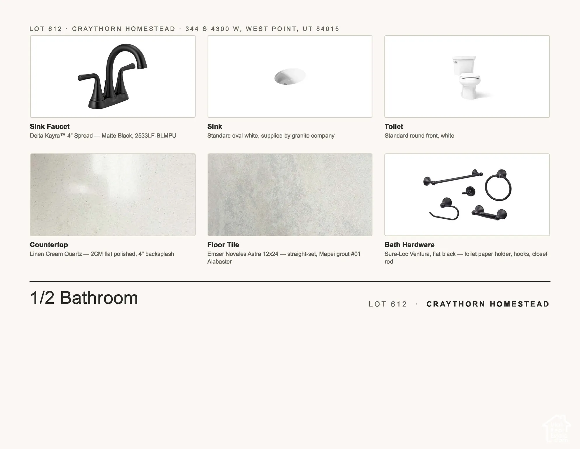 Interior Finish Selections. Displaying material and fixture choices for the 1/2 Bathroom within the property