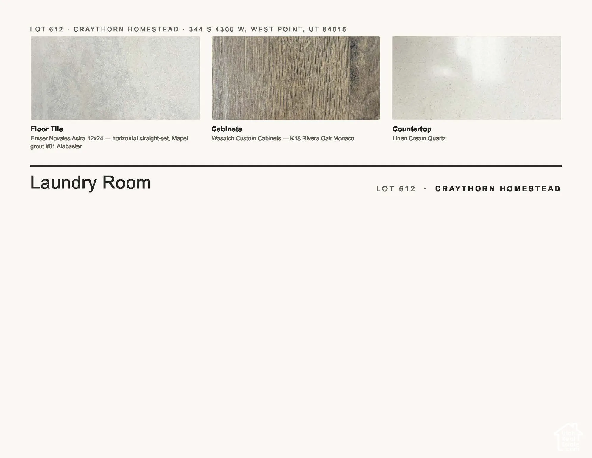Material Specification Sheet, Laundry Room. Itemizing the floor tile, cabinets, and countertop selections for the property