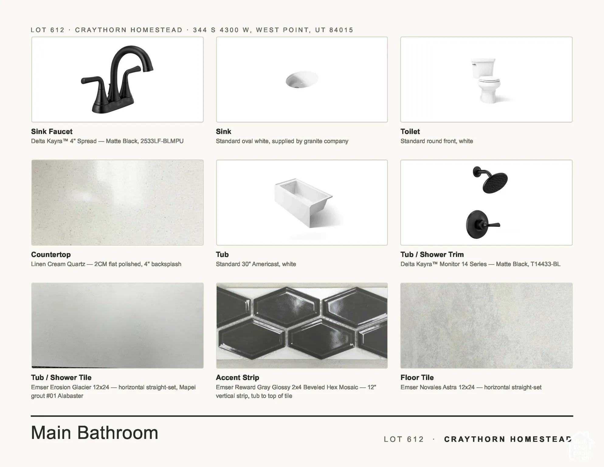Finishes Schedule, Jack and Jill Bathroom. Listing all specified fixtures and materials for the property's main bathroom
