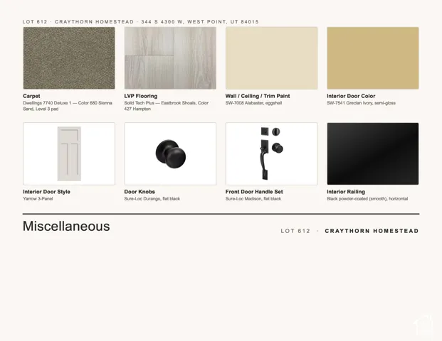 Miscellaneous Section. Displaying selected finishes and fixtures for the property