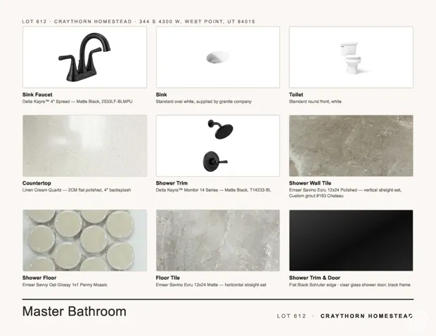 Specification Sheet, Master Bathroom Section. Outlining material and fixture selections for the property's master bathroom