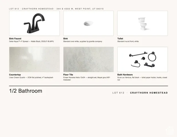 Interior Finish Selections. Displaying material and fixture choices for the 1/2 Bathroom within the property