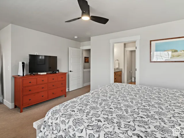 Recessed lighting, ceiling fan, and carpeted flooring