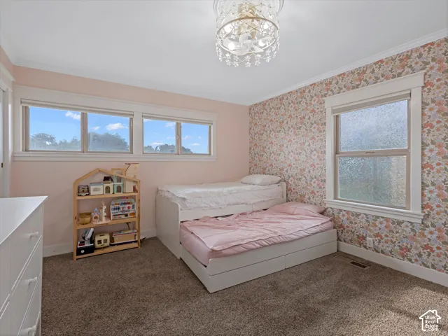 Textured wallcovering accent, multiple windows, plush carpet flooring, and a decorative ceiling fixture