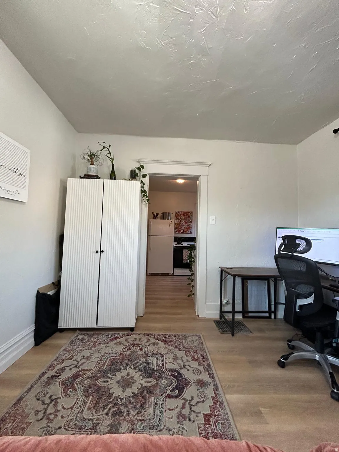Wood-finish flooring throughout, white baseboards, and a framed doorway