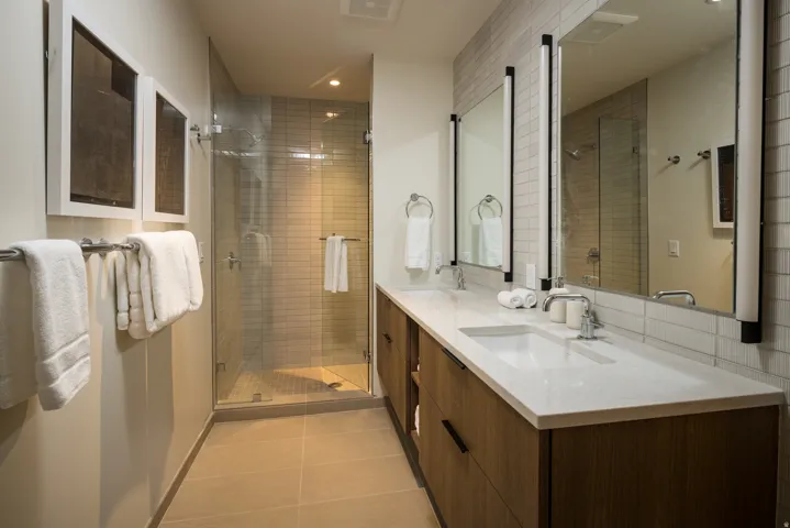 Contemporary bathroom featuring a double vanity with wood-finish cabinetry and integrated sinks